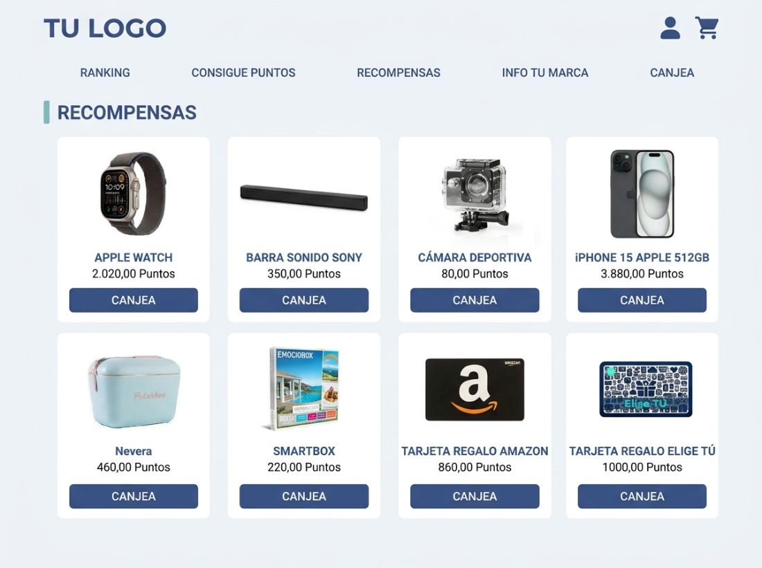 Pantalla de Recompensas de la intranet de incentivos: rejilla de productos canjeables por puntos (Apple Watch, barra de sonido, cámara, iPhone, nevera, Smartbox, tarjetas regalo)