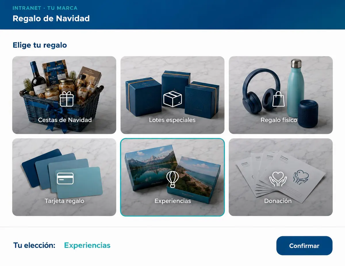 Intranet de Navidad con tu marca: elige tu regalo entre cestas de Navidad, lotes especiales, regalo físico, tarjeta regalo, experiencias y donación a ONG
