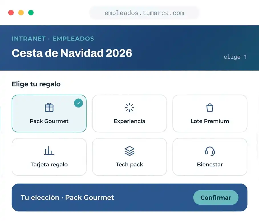 Intranet de empleados con tu marca: Cesta de Navidad 2026 con elección de regalo (pack gourmet, experiencia, lote premium, tarjeta regalo, tech pack, bienestar)