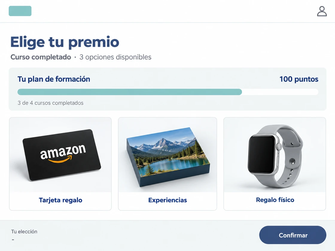 Plataforma de formación con tu marca: plan de formación con 3 de 4 cursos completados y elección de premio entre tarjeta regalo, experiencias o regalo físico